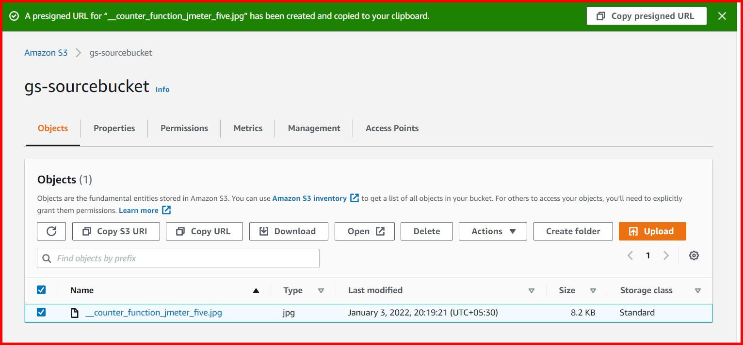 Picture showing the confirmation message that Presigned URL is created